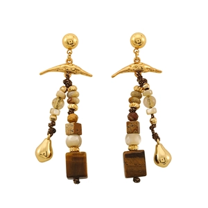 Juego de 3 pendientes bohemios hechos a mano con cuerda marrón y piedras naturales