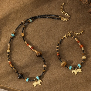 Vintage Ethnisch Tigerauge Türkis Perlenkette Mit Gold Pferd Anhänger Böhmisch Naturstein Schmuck Für Damen Herren