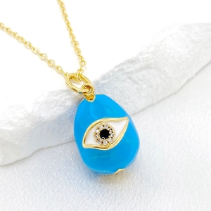 Κολιέ με μπλε μενταγιόν Evil Eye σε σχήμα δακρύου, 14Κ χρυσό με λαμπερά ζιργκόν