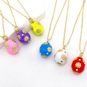 Vintage Enamel Easter Egg Pendant Necklace Gold Plated Copper Floral Zirconia Egg Shaped Jewelry For Women Festival Gift