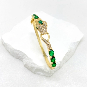 Brazalete de Cobre Chapado en Oro de Lujo con Cabeza de Serpiente y Leopardo Incrustado con Zircón y Gemas Verdes para Mujer