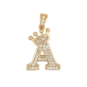 Pendentif lettre A dorée style hip hop avec couronne et cristaux de zircone cubique