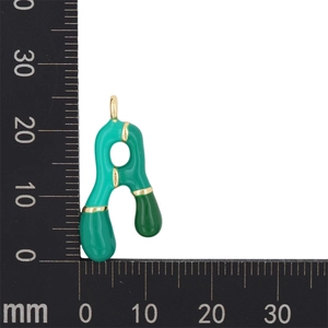 Detail view of green enamel letter A bubble pendant with measurement scale in mm