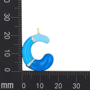 Macro detail of blue gradient enamel letter C pendant showing 24mm size measurements