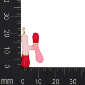 Detail view of pink and red enamel bubble letter H pendant with size measurement