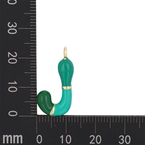 Detail view of a green enamel bubble letter J pendant showing 22mm height measurement