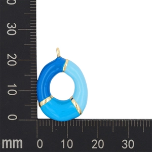 Detail shot of blue enamel bubble letter O pendant measuring 25mm in total length