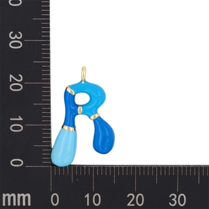 Letter R bubble pendant in blue enamel showing size measurements 20mm by 15mm