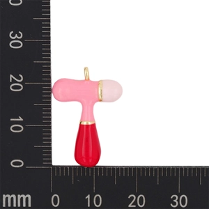 Detail of pink and red enamel T-letter bubble pendant with metric scale for size
