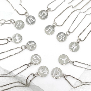 Set of 12 hollowed-out zodiac sign round pendants on fine silver box chains necklaces