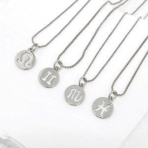 Minimalist zodiac necklace pendants with hollow signs on silver box chains