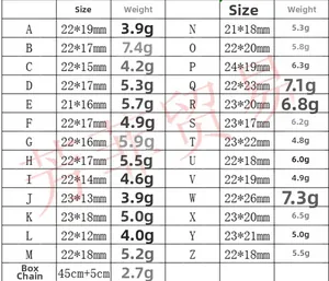 Size chart for zircon balloon letter pendants with dimensions and weight in millimeters and grams