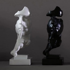 Sculptures de penseur 'Le silence est d'or' minimalistes en noir et blanc mat moderne