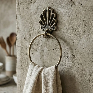 Vintage Cast Iron Towel Ring Wall Mounted Scallop Shell Bird Fleur-De-Lis Design Antique Bronze Gold Bathroom Decor Paper Holder