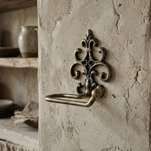 European vintage cast iron fleur-de-lis towel rack with an antique bronze finish
