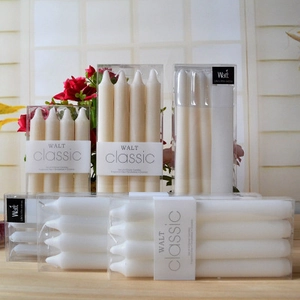 Classic smokeless and dripless ivory white taper dinner candles in 4-pack retail box