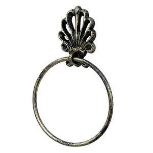 Vintage bronze bathroom towel ring with ornate shell pattern and cast iron finish