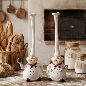 Resin chef figurines set with white hats and red scarves for kitchen home decor