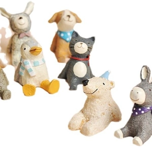 Miniature resin animal figurines set including rabbit, dog and penguin for desk decor