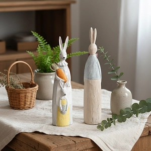 Figurines de lapin vintage en résine peintes à la main avec texture bois pour décoration