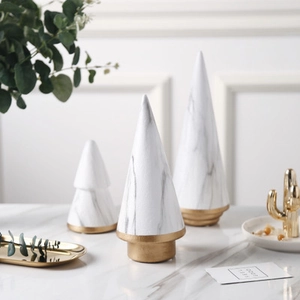 Minimalist marble ceramic Christmas tree figurines set with gold base for home decor