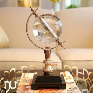 Modern Minimalist Artificial Crystal Globe Desktop Ornament Gold Metal Frame Rotating World Map Figurine For Home Office Decor