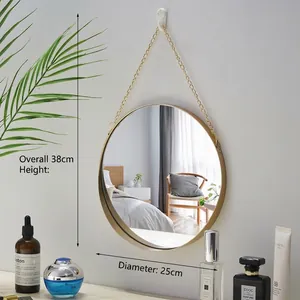 Round gold wall mirror with chain, 25cm diameter and 38cm total height