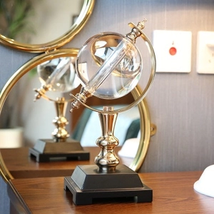 Creative crystal globe desk ornament with gold metal stand and black base for home decor