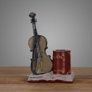 Vintage Nordic violin and retro books resin pencil holder for creative desktop decoration