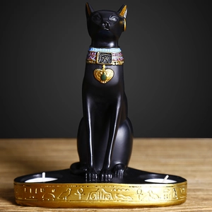 Egyptian Bastet cat goddess candle holder with golden base and hieroglyphics details