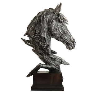 Vintage Pferdekopf-Skulptur in Silber-Schwarz mit robustem rechteckigem Sockel