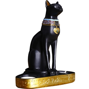 Egyptian Bastet cat goddess resin figurine candle holder with golden hieroglyphic base