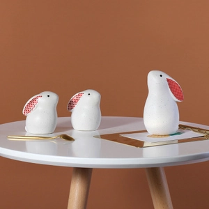 Three-piece ceramic rabbit ornaments in Nordic style with red polka dot ear details