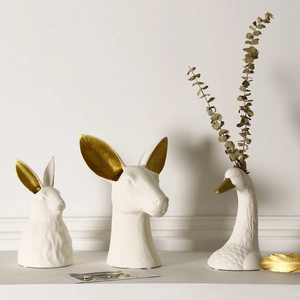Vaso In Ceramica Con Testa Di Animale Nordico Moderno Bianco Opaco Dettagli Dorati Ornamento Testa Di Coniglio Cervo Cigno Scultura Tavolo