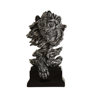 Nordic resin lion head sculpture with vintage silver finish and black rectangular base