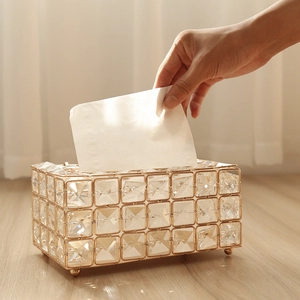 Crystal Tissue Box Holder Rectangular Metal Frame Artificial Crystal Decorative Napkin Organizer For Home Office Desktop