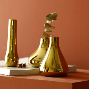 Set of three Nordic luxury gold mirror ceramic vases for modern home desktop decoration