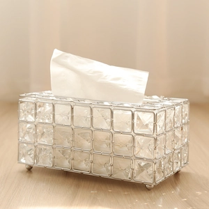 European luxury crystal tissue box with silver metal frame and elegant transparent design