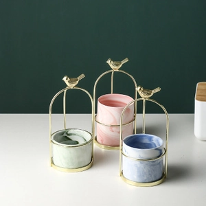 Three-piece ceramic marble vases with gold bird metal stands for home tabletop decor