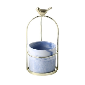 Nordic blue marble ceramic vase with golden bird metal stand for tabletop decor