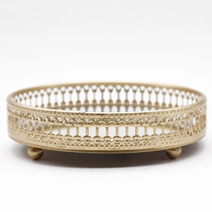 Nordic gold iron vanity tray with reflective glass mirror base for jewelry storage