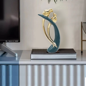 Modern ceramic pair bird figurine ornaments in peacock green and gold for home decor