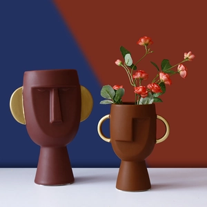 Vaso In Ceramica Con Viso Astratto Scultura Nordica Moderna Vaso Per Fiori Maschera Testa Umana Manici Dorati Arredamento