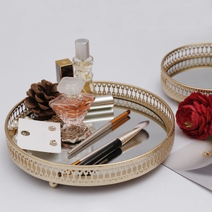 Nordic gold metal vanity mirror tray with arched hollow pattern for jewelry storage