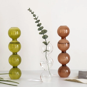 Vase En Verre À Bulles Forme De Boule Empilée Soufflé À La Main Support De Fleurs Hydroponiques Décoration Bureau Ambre Vert Clair