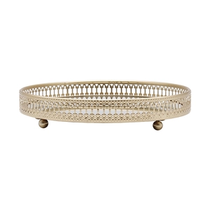Luxury gold round metal jewelry tray with mirrored base and geometric hollow design
