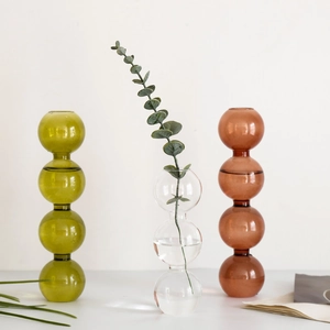 Lot de vases en verre à bulles empilées vert, transparent et ambre pour déco