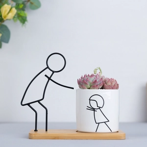 Nordic minimalist parent-child ceramic planter with black iron wire stand and bamboo tray