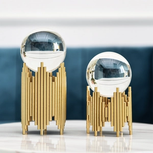 Nordic Luxury Crystal Ball Ornament With Gold Metal Base Modern Minimalist Glass Sculpture For Living Room Office Home Decor