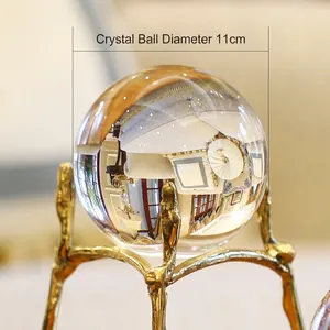 Modern crystal ball decor with 11cm diameter and a luxurious golden branch metal stand